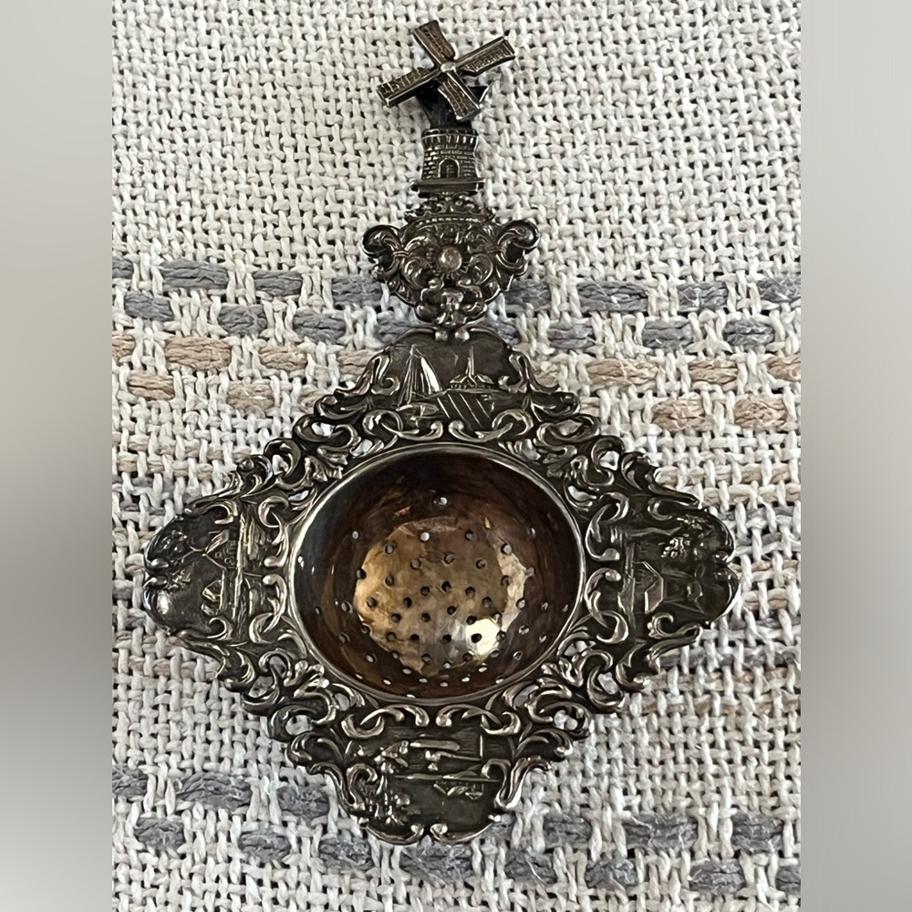 Antique Dutch .90 Silver Repousee Mechanical Windmill & Ships Tea Strainer